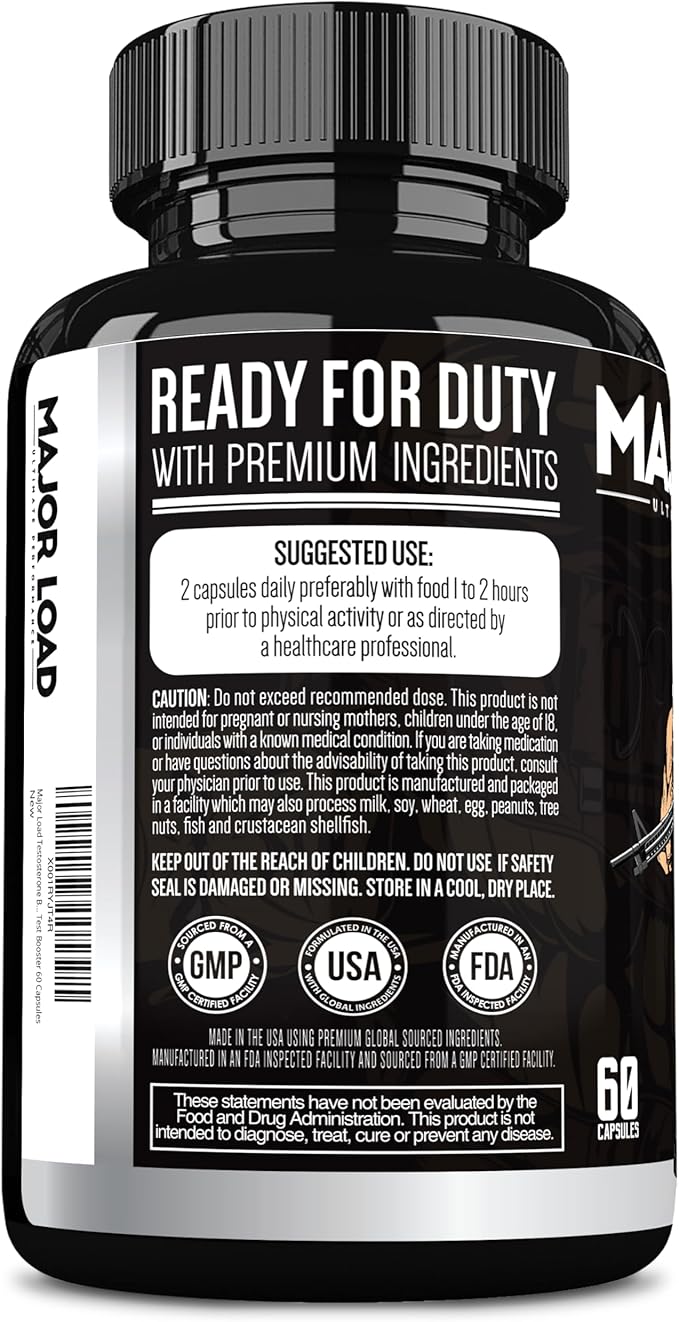 Major Load Testosterone Booster for Men - Testosterone Supplement with Horny Goat Weed, Maca Root, & Tribulus Terrestris - Tongkat Ali Men's Energy, Stamina & Strength - Test Booster 60 Capsules