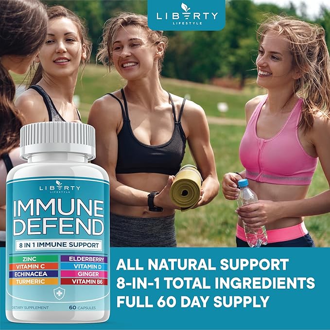 8 in 1 Immune Defense Support, Immunity Vitamins Supplement Booster with Zinc 50mg, Vitamin C Elderberry VIT D3 5000 IU, Turmeric Curcumin & Ginger, Echinacea - Allergy Relief for Kids Adults
