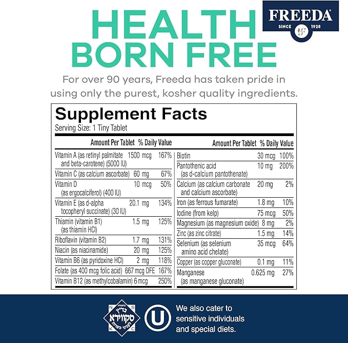 Freedavite Tiny Tablet - Moderate Multivitamin for Men and Women - Vitamin A, C, D, E, B1, B2, B6, B12, Biotin, Calcium, Zinc, Iron, Magnesium, Manganese, Copper, Selenium, Iodine - 100 Count