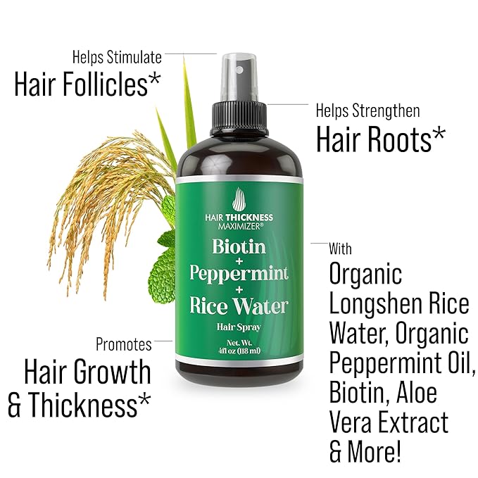 Biotin + Peppermint Oil + Rice Water Spray For Hair Growth. Vegan, Leave In Conditioner Serum Spray For Women, Men. Thickening, Moisturizing, Strengthening Scalp Treatment For Dry, Frizzy, Weak Hair