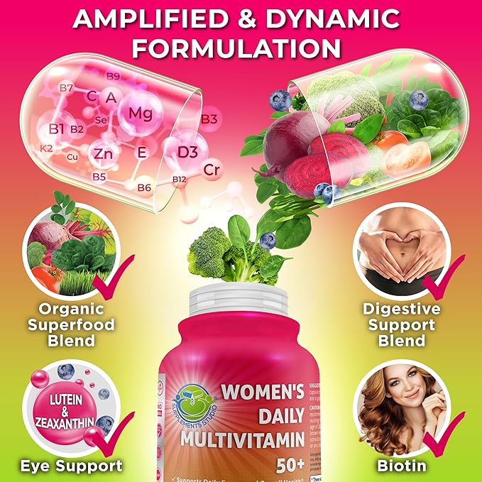 Women's Daily Multivitamin 50 plus - Vegan Multivitamin for Women 50 and over with Biotin, Organic Superfoods, B-Complex, Lutein for Optimal Health, Energy, Gut & Eye Support, Easy to Swallow Capsules