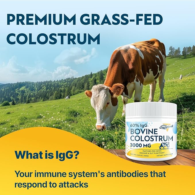 Bovine Colostrum Supplement Powder - 60% IgG 3000 mg for Gut, Hair Growth, Beauty, and Immune, Easy to Mix, Unflavored (50 Servings)