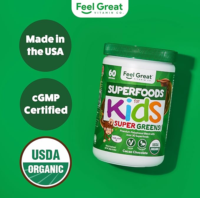 Feel Great USDA Organic Super Greens for Kids | Vegan Chocolate Greens Powder with Veggie Powder for Kids | Superfood Powder with Probiotics & Digestive Enzymes for Digestive Health | 2 Month Supply