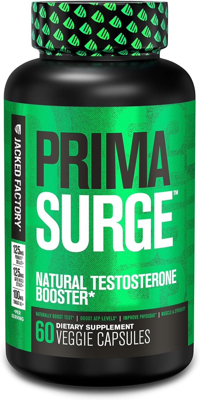 Jacked Factory Testosterone Booster for Men PRIMASURGE - w/Tongkat Ali, PrimaVie, Ashwagandha - Boost Vitality, Muscle Growth & Energy | Natural Test Booster Supplement - 60 Veggie Pills