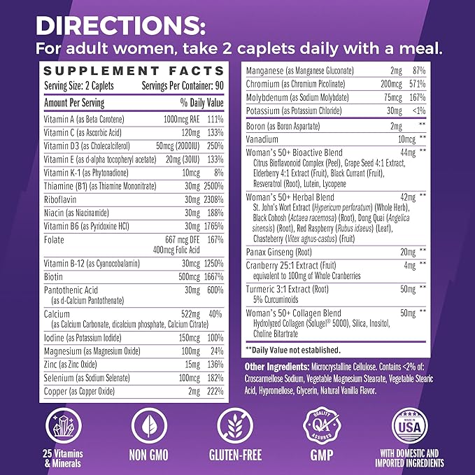 Vitamin World Ultra 360 Multivitamin for Women 50 Plus, Women's 50+ Multivitamin with Minerals & Herbs for Menopause Support, Supplement with Vitamin B, D, E & Zinc for Healthy Aging, 180 Caplets