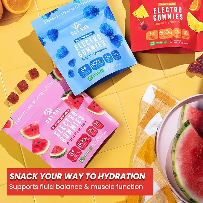 Day One ElectroGummies – Electrolyte Hydration Gummies – Ideal to Boost Hydration & Energy – Supplement for Post & Pre Workout – for Men, Women, Kids – Extra Sour Watermelon Flavored – 60 Gummies