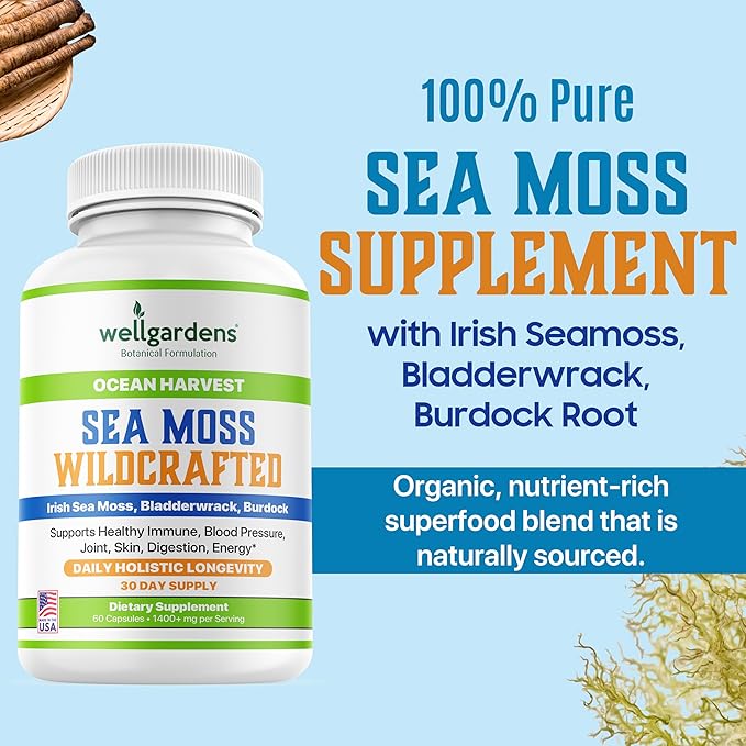 100% Pure Sea Moss, Organic Superfood - Irish Seamoss, Bladderwrack, Burdock Root - Supports Healthy Immune, Blood Pressure, Joint, Skin, Digestion, Energy - 60 Sea Moss Capsules