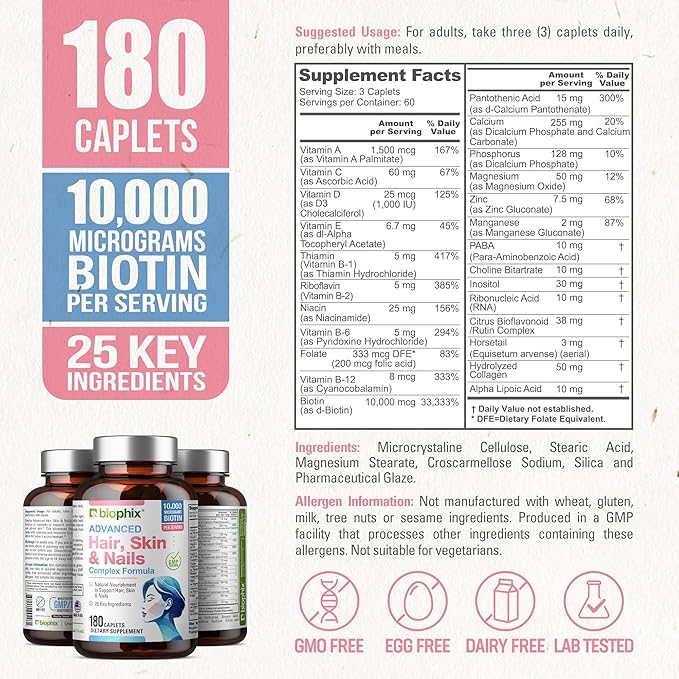 biophix Hair Skin and Nails Complex 180 Caplets with 10,000 mcg Biotin - Multivitamin Supports Strong Nails Beautiful Hair Healthy Aging