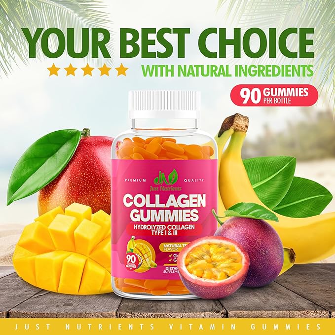 Collagen Gummies for Women & Men (90 Count) - Hydrolyzed Collagen Type I & III for Hair, Skin, Nails & Joints - Gluten-Free, Non-GMO - 90 Gummies