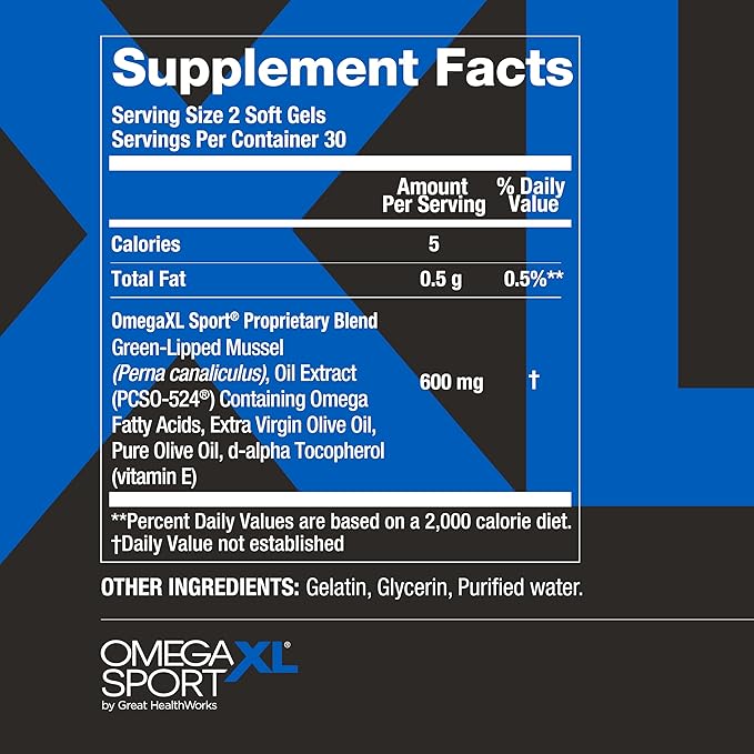 OmegaXL Sport Extra Strength Muscle Recovery Supplement and Respiratory Support Supplement - Improves DOMS and ROM, Clinically Supported Green-Lipped Mussel Oil (60 Softgels)