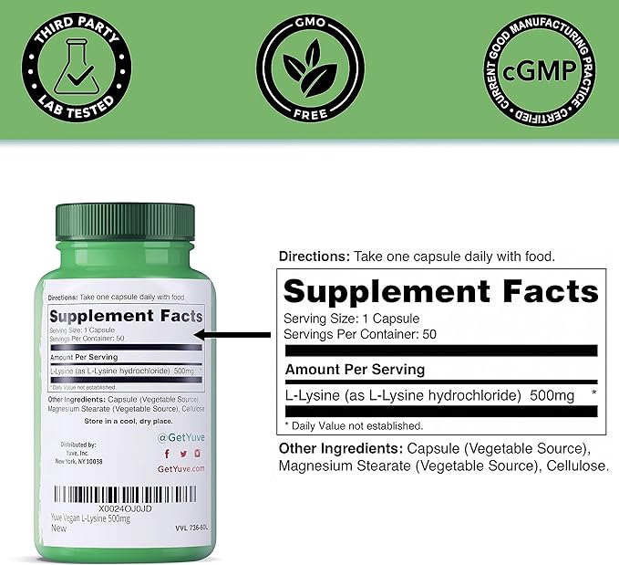 Yuve L-Lysine 500 mg Essential Amino Acid - Immune, Cold Sores & Collagen Synthesis Support - Maintain Healthy Arginine Levels & Optimal Calcium Absorption - Vegan, Gelatin-Free, Non-GMO - 50 Capsules