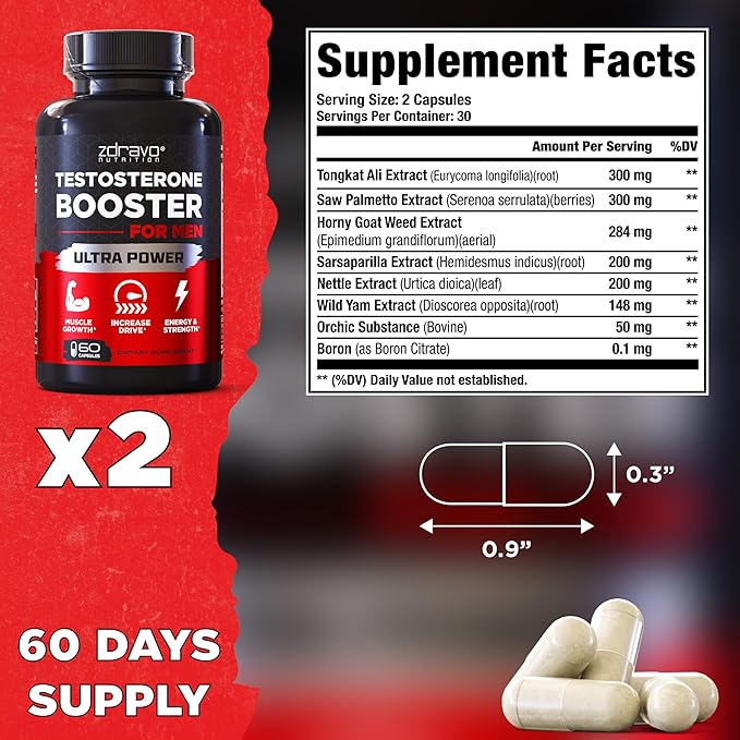 Testosterone Booster - Testosterone Supplement for Men - Workout Supplement for Muscle Growth, Libido, Stamina, Strength, Endurance - Male Enhancing Supplement Pills - Men's Test Booster - Tongkat Ali