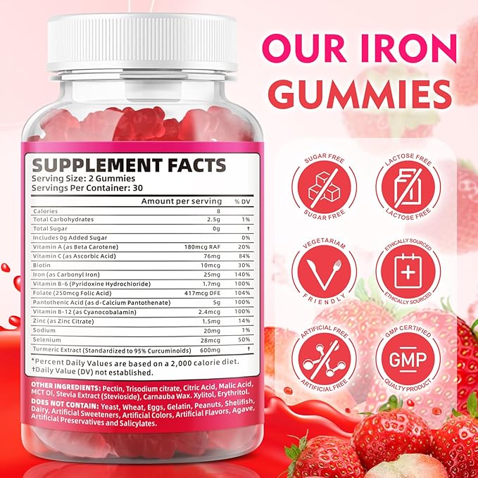 2 Pack Vegan Iron Gummies for Adults & Kids - with Vitamin C, A, B-Complex, Folate, Zinc, and Biotin - for Blood Building & Energy Support, 120 Gummies