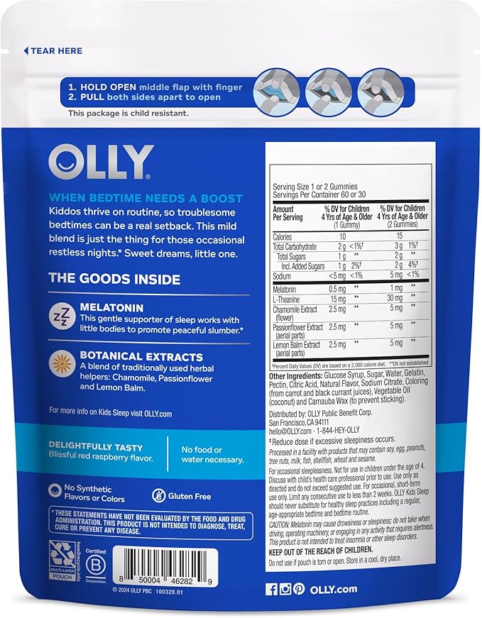 OLLY Kids Sleep Gummy, 0.5mg Melatonin, L Theanine, Chamomile, and Lemon Balm, Childrens Chewable Supplement, Occasional Sleep Support, Raspberry - 60 Count (Packaging may vary)