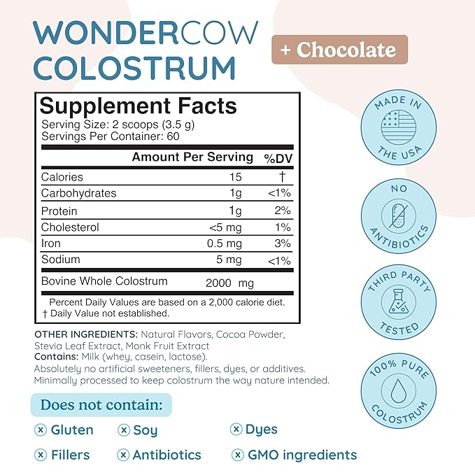 WONDERCOW Colostrum Supplement Powder for Gut Health, Immune Support, Muscle Recovery & Wellness | Natural IgG Pure Whole Bovine Colostrum Superfood, Chocolate, 60 Servings