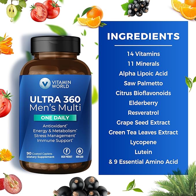 Vitamin World Ultra 360 Multivitamin for Men One Daily, Men's Multivitamin with Minerals, Herbs & Antioxidants, Daily Supplement with Vitamin A, C, D, E & Zinc for Energy & Immune Support, 90 Caplets