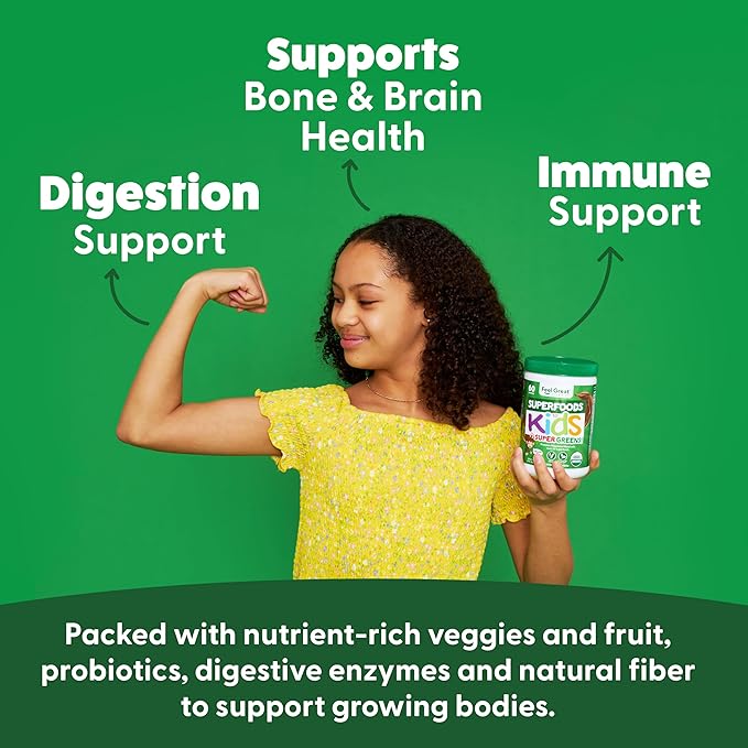 Feel Great USDA Organic Super Greens for Kids | Vegan Chocolate Greens Powder with Veggie Powder for Kids | Superfood Powder with Probiotics & Digestive Enzymes for Digestive Health | 2 Month Supply