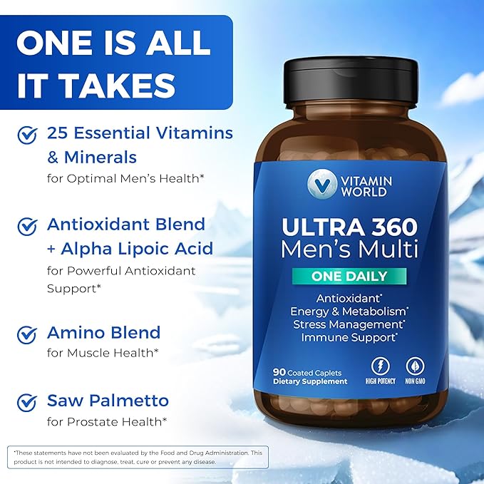 Vitamin World Ultra 360 Multivitamin for Men One Daily, Men's Multivitamin with Minerals, Herbs & Antioxidants, Daily Supplement with Vitamin A, C, D, E & Zinc for Energy & Immune Support, 90 Caplets