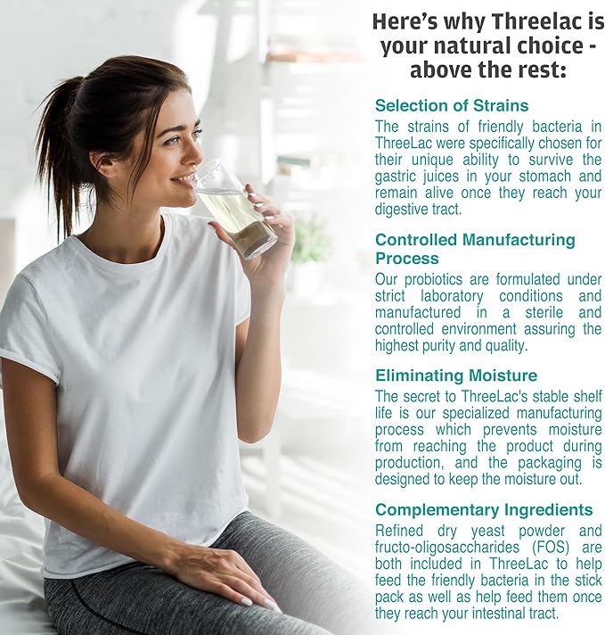 ThreeLac Lemon Probiotic Drink Mix for Digestive Health - Advanced Probiotic Powder Formula for Men, Women, and Kids - Immune Support & Gut Balance, Non-GMO - 120 Packets