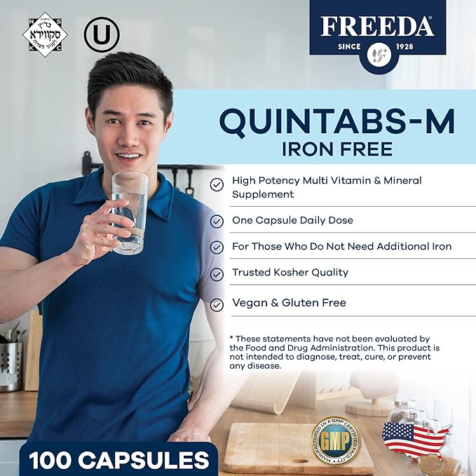 FREEDA One Daily Multivitamin Without Iron – Kosher Adult Multivitamin Supplements for Women & Men’s Health with Biotin, Vitamin B12, B1, B2, B5, Folic Acid, Niacinamide – Gluten Free (250 Capsules)