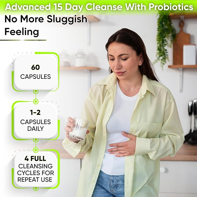 15 Day Gut Cleanse Detox for Women & Men - Advanced 15 Days Colon Cleanse with Probiotics and Psyllium Husk for Constipation Relief, Digestive Health, Colon Cleanser & Gut Health.60 Caps.