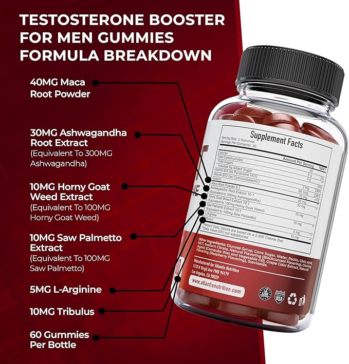 Testosterone Booster For Men Gummies - Male Enhancement, Boosts Energy, & Optimizes Physical Performance. Formulated with Tribulus, Horny Goat Weed, Saw Palmetto, Maca Root & More - 60 Gummies