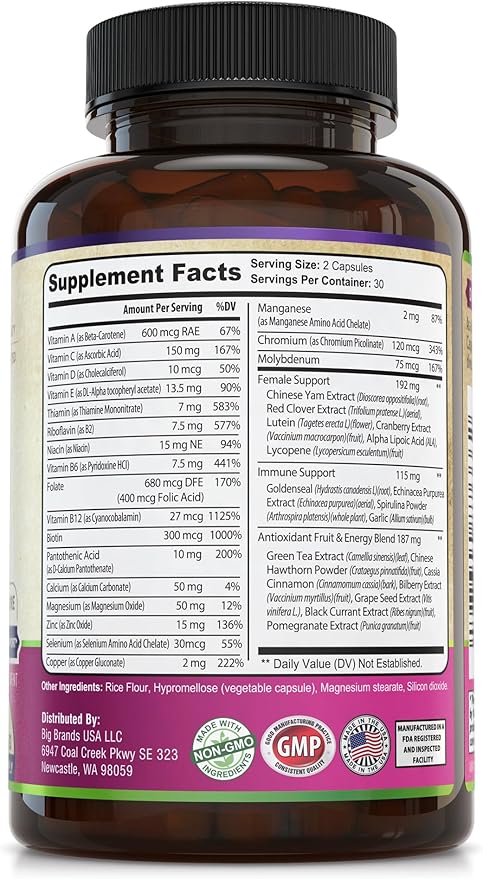 Womens Daily Multivitamin Multimineral Supplement for Energy, Mood, Focus, Hair, Skin & Nails. Made for Women with 30+ Nutrients, Fruit & Energy Blend. Womens Vitamins 60 Capsules