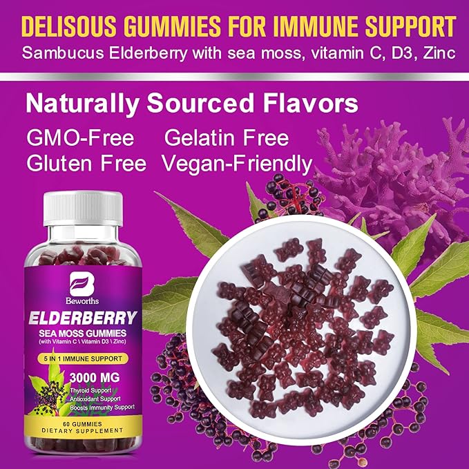Elderberry & Irish Sea Moss Gummies, Organic Black Sambucus Elderberry Gummies with Seamoss, Zinc, Vitamin C, D3 for Kids, Elderberry Vitamin Supplements for Immune & Energy Support - Vegan