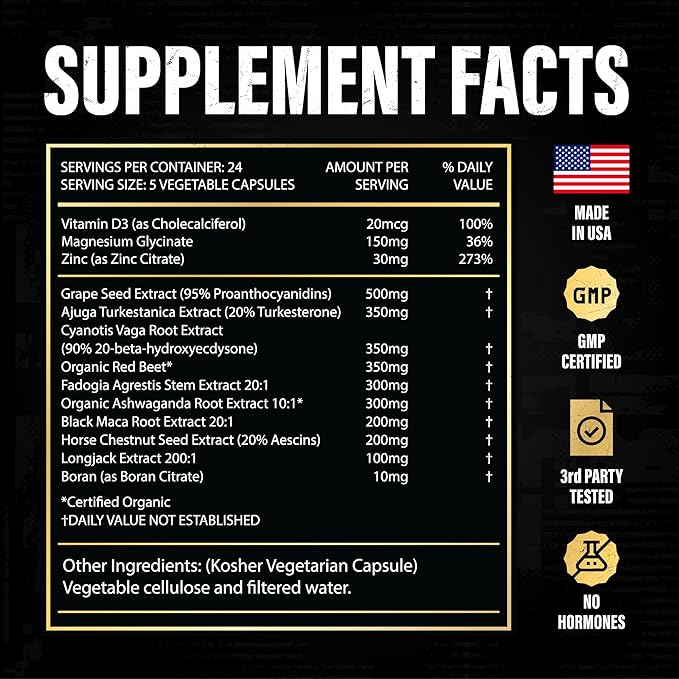 Testosterone Support for Men - Male Enhancing Supplements & Vitality Pills | Testosterone Supplement for Men w/ Turkesterone, Tongkat Ali & Fadogia Agrestis | Boost Muscle Growth, Stamina & Recovery