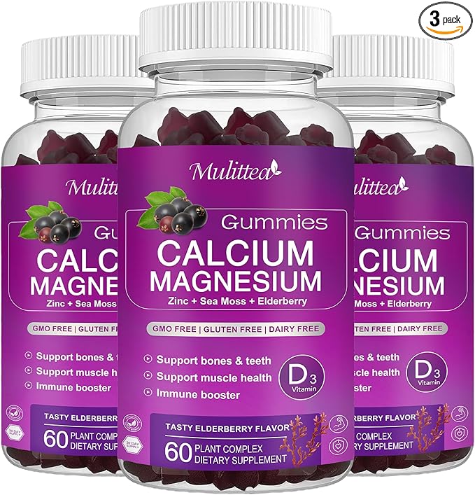 Calcium Magnesium Zinc Gummies with High Absorption Magnesium Glycinate 200mg, Potassium -Plant Calcium Supplement w/ D3 & Sea Moss for Bone, Muscles, Calm Mood & Sleep Support- Kids & adults (3 Pack)