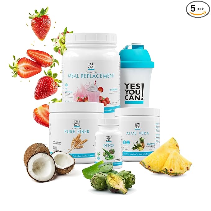 Yes You Can! Detox Plus Kit, Daily Cleanse Pure Fiber Meal Replacement, Drink Mix, Shake Booster and Supplement, Body Cleanse Kit for Women, Daily System Cleanse - Strawberry, Aloe Vera Mango