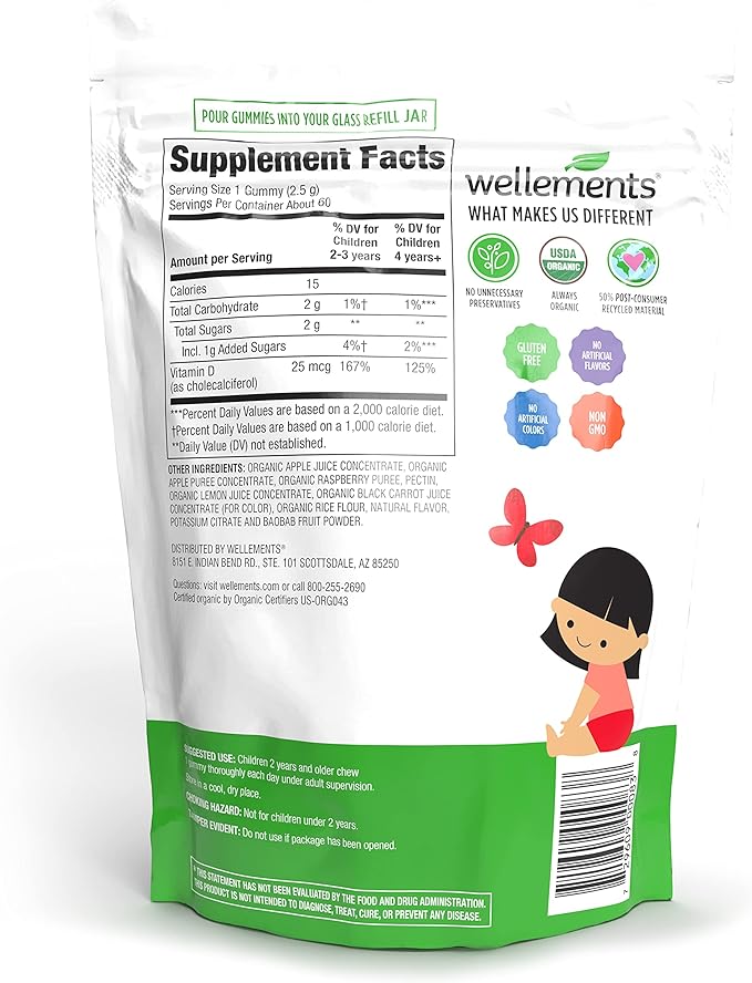 Wellements Organic Fruit Bite Vitamin D Gummies | Vitamin D3 Gummy for Kids, Supplement for Healthy Growth & Bone Development*, Raspberry Flavor | 60 Day Supply, Ages 2+