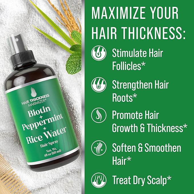 Biotin + Peppermint Oil + Rice Water Spray For Hair Growth. Vegan, Leave In Conditioner Serum Spray For Women, Men. Thickening, Moisturizing, Strengthening Scalp Treatment For Dry, Frizzy, Weak Hair