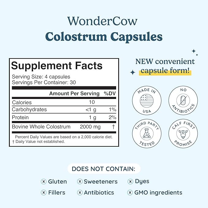 WONDERCOW Colostrum Capsules Supplement for Gut Health, Immune Support, Muscle Recovery & Wellness | Natural IgG Pure Whole Bovine Colostrum Superfood, Unflavored, 30 Servings