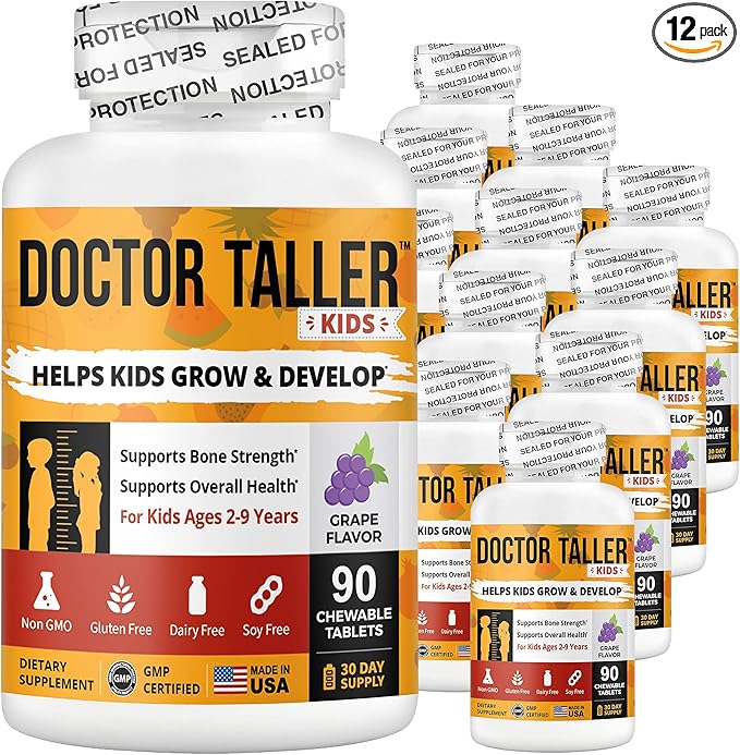 Doctor Taller Kids - Support Height Growth with Multivitamins, Multiminerals, Calcium - Height Growth Formula for Kids Ages 2 to 9 - Grape Flavor - Helps Kids Grow Taller - 12 Pack | 18 Months Supply
