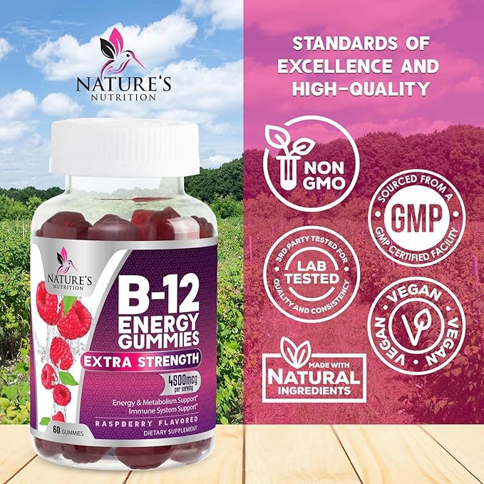 Vitamin B12 Energy Gummies - Extra Strength 4500mcg Chewable for Energy & Nervous System Health Support, B-12 Complex Gummy Vitamin for Women, Men, Kids - Non-GMO, Vegan, Berry Flavor - 120 Gummies