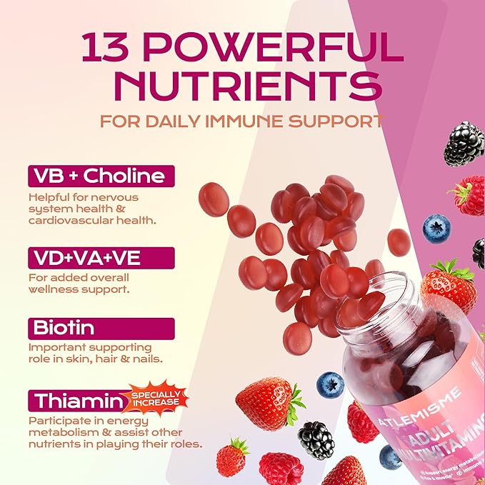 Adults Multivitamin Gummies,Mixed Berry Flavor,Essential Daily Vitamins A, C, D2, E, B5, B6, B12, Biotin & Zinc for Teens and Adults, 120 Count, 3g Each,Gelatin Free,Gluten-Free,Non-GMO