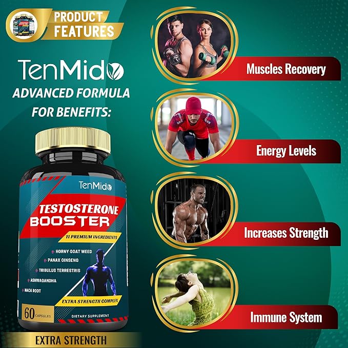 Testosterone Booster for Men- Natural Stamina, Endurance & Strength Supplement - Muscle Building Growth, Increasing Performance, Boosts Energy