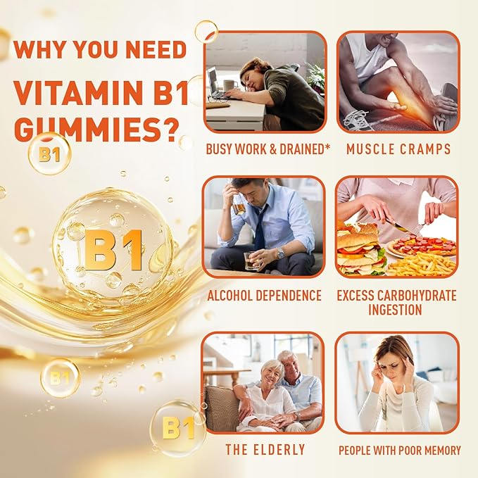 Vitamin B1 Gummies 100mg for Adults & Kids, Thiamine B1 Supplement with 600mg Calcium, Nervous System Supports & Boost Energy, Orange Flavor, Non GMO, Vegan, 60 Chewable Gummies
