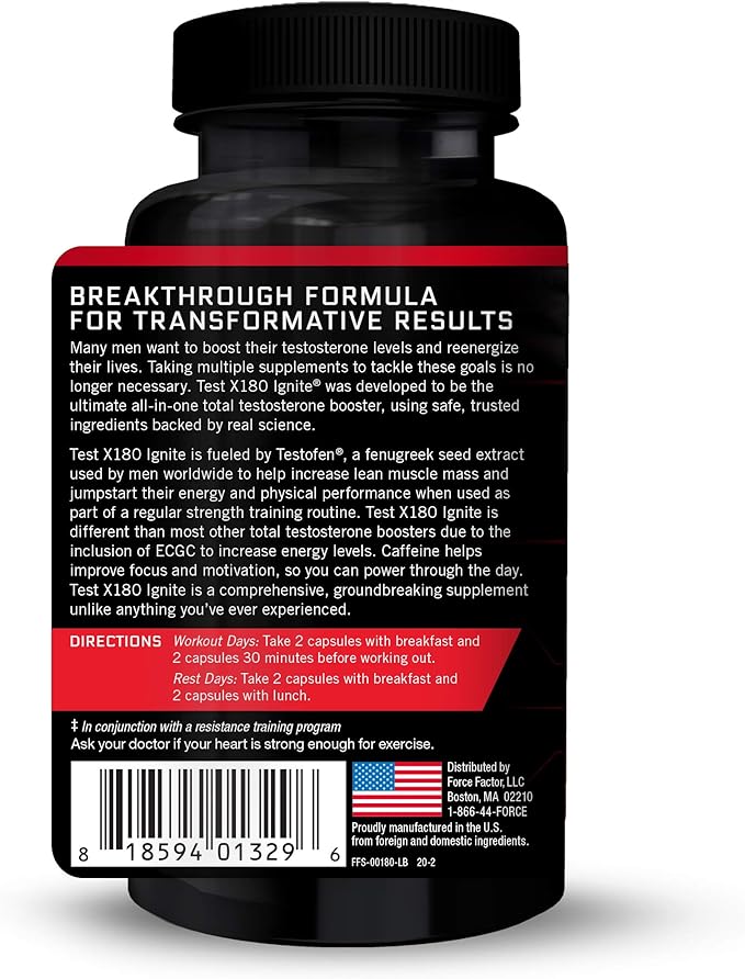 FORCE FACTOR Test X180 Ignite, Testosterone Booster & Fat Burner for Men, Testosterone Supplement to Help Build Muscle, Increase Energy, and Boost Vitality and Performance, 60 Count (Pack of 3)