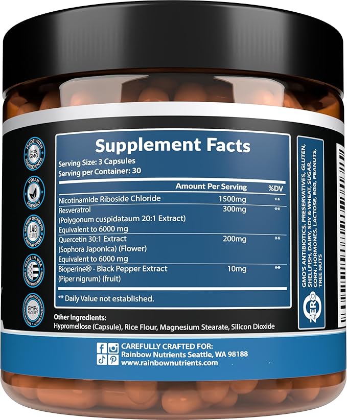 13,510mg NAD+ Supplement- Nicotinamide Riboside, Resveratrol, Quercetin & BioPerine® (High Absorption)- Liposomal NAD Booster for Anti-Aging, Cellular Energy, Skin- For Women & Men- 90 V Capsules