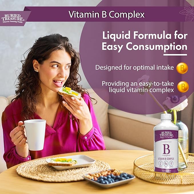 Buried Treasure B Complete - 16 Fl oz, All 8 B Vitamins with Methylated B12 & Methylfolate, Biotin, B1, B2, B6, Antioxidant Support, Liquid & Sugar-Free, B complex vitamins for Women & Men.