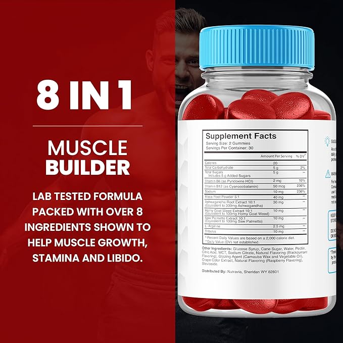 Male Enhancing Supplement Gummies - 6 in 1 Testosterone Booster Gummies for Men, Stamina Test Boost Gummy for Men with Horny Goat Weed, Tribulus, Maca Root Boost Energy, Performance (60 Gummies)