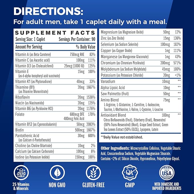 Vitamin World Ultra 360 Multivitamin for Men One Daily, Men's Multivitamin with Minerals, Herbs & Antioxidants, Daily Supplement with Vitamin A, C, D, E & Zinc for Energy & Immune Support, 90 Caplets