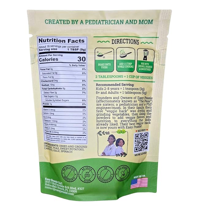 Easy Peasie Organic Veggie Powder Blends for Kids and Picky Eaters | Kids Greens Powder/Vegetable Powders including protein from green peas, spinach, and kale (Green 5oz Pouch)