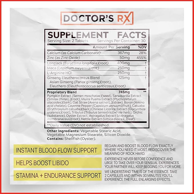 Doctor's RX Pills for Men Fast Acting ED Pills | #1 Rated Male EnIargement Support | Extreme Blood-Flow to Strengthen & Grow Stiffer Hard-On's | 19 Dr. Recommended Ingredients | Max Dosage - 60 Pills