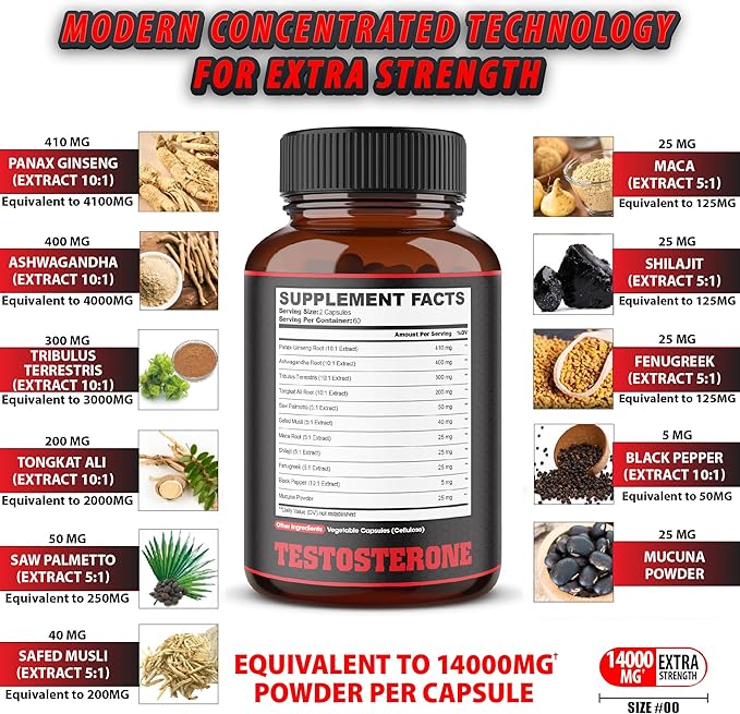 agobi 11in1 Testosterone Supplement for Men from Herbal Extract 14000mg Equivalent - Endurance, Drive, and Body Support 120 Vegan Capsules for 2 Months