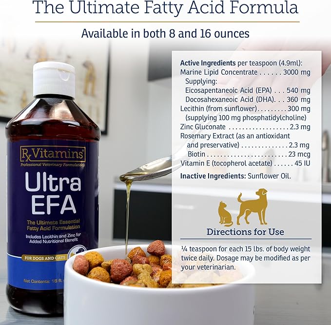 Rx Vitamins Ultra EFA Omega 3 Fish Oil for Dogs & Cats - Promotes Heart, Brain, and Joint Health with Vitamin E, Biotin, and Zinc - Liquid Fish Oil for Itch Relief & Dog Shedding - 16 oz