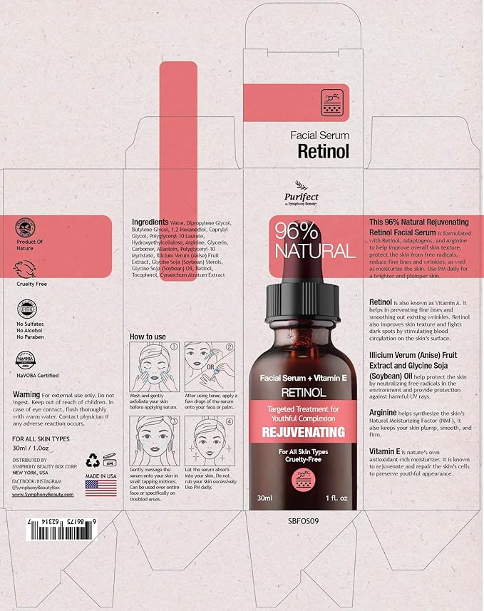 96% NATURAL RETINOL Facial Serum for Anti Aging Skin Care Targets Wrinkles Dark Spots Acne with Vitamin A E Arginine 30ml 1fl oz - Non-Greasy and Fast Absorbing Formula PURIFECT MADE IN USA