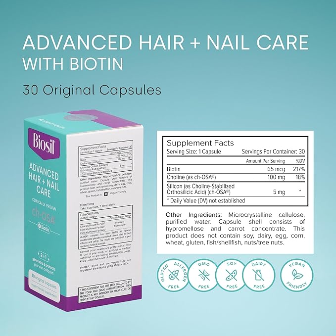 Biosil Advanced Hair + Nail Care - 30 Capsules - Grow, Strengthen & Thicken Hair and Nails - with Patented ch-OSA & Biotin - 15-Day Supply
